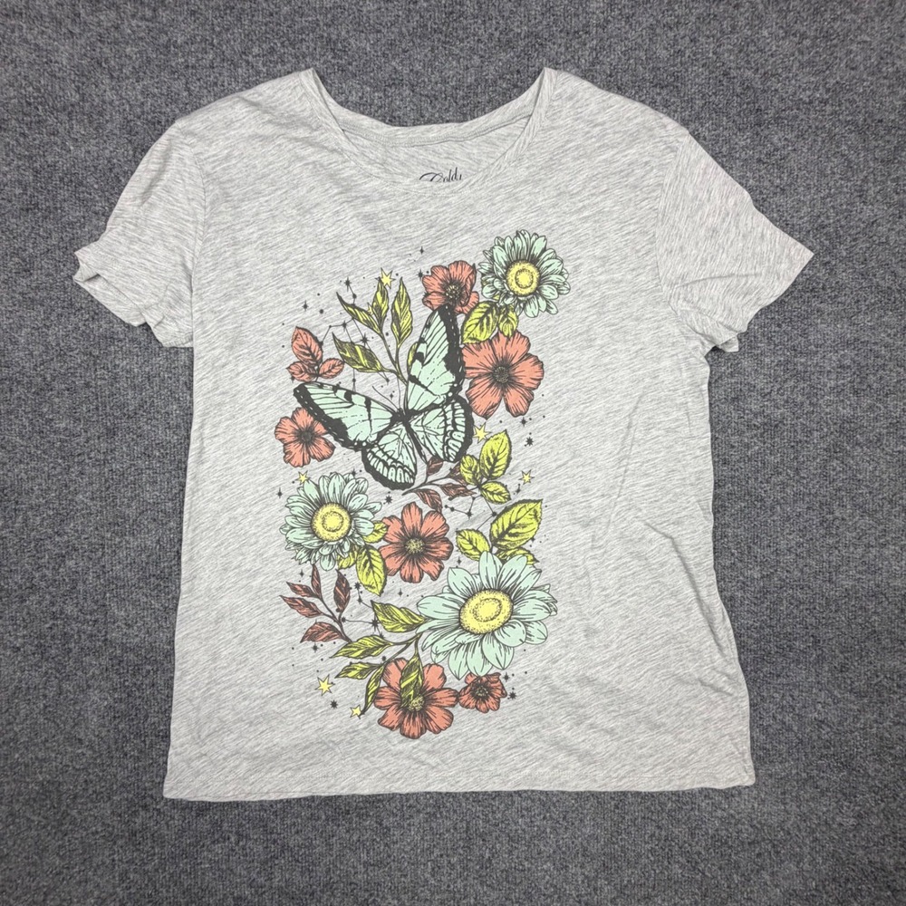 Cold Crush Womens Gray Butterfly Floral Graphic T-Shirt Short Sleeve Large